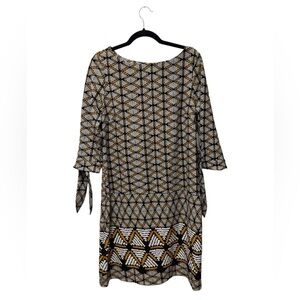 Black and Tan Sheath Dress with Bell Sleeves and Crew Neck